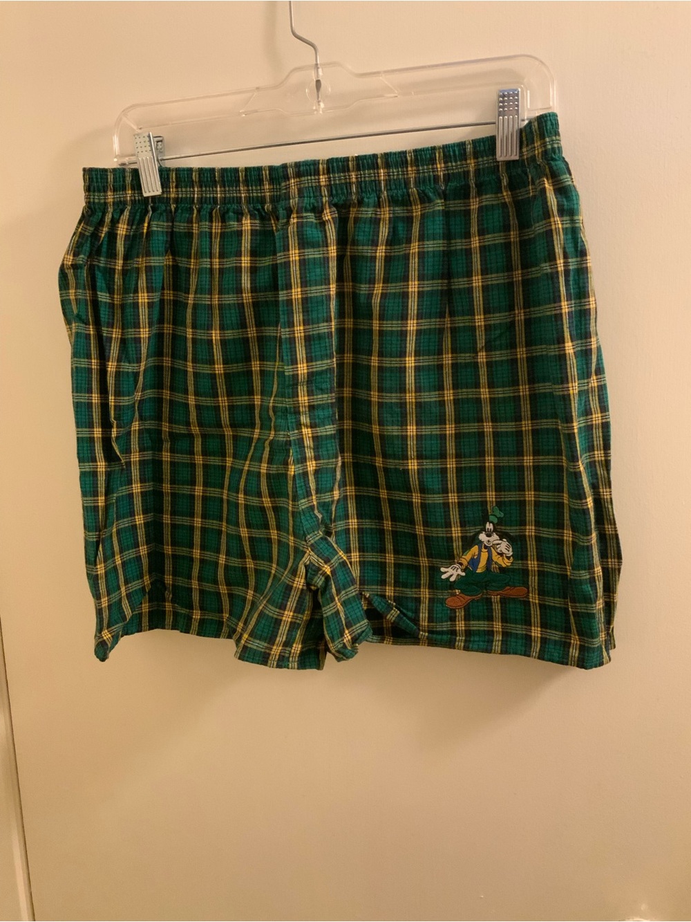 Vintage 1994 Disney Green and Yellow Plaid Boxer Shorts with Goofy Embroidery